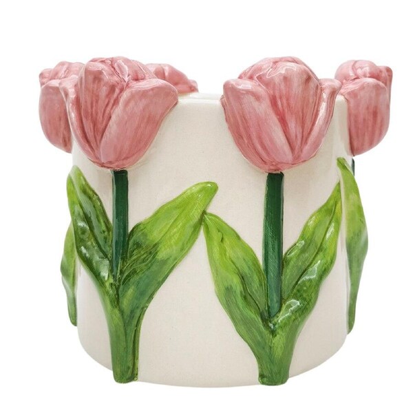 Urban Tulip Ceramic Planter Flower Plant Pot Home Decor 13x17cm Pink/White