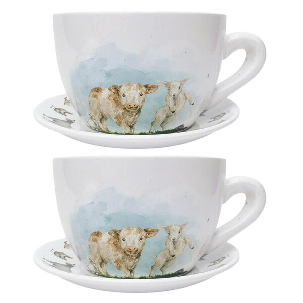 2PK Urban Highland Friends Tea Cup Ceramic Planter Flower Pot 13x24cm Brown