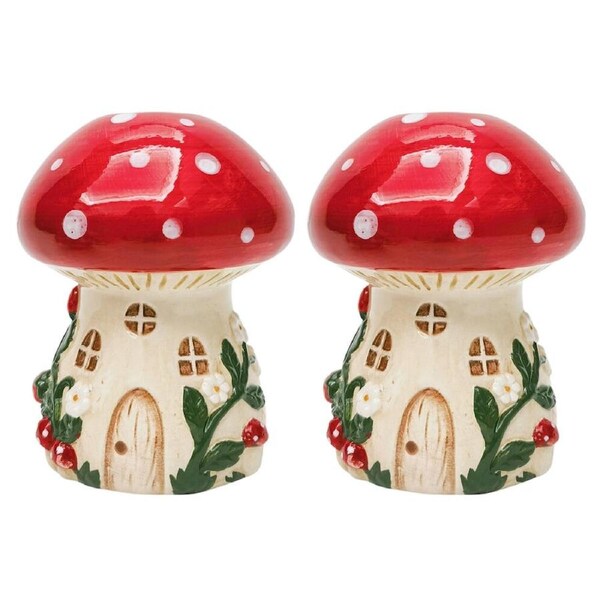 2PK Urban Toadstool House Flower Vase Ceramic Tabletop Home Decor 14x11cm Red