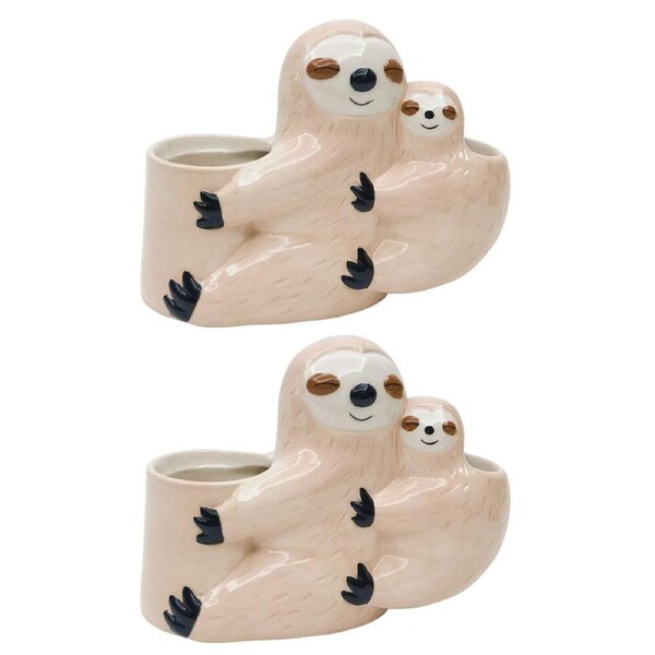 2PK Urban Hugging Sloths Ceramic Planter Flower/Plant Pot Decor 11x14cm Bisque