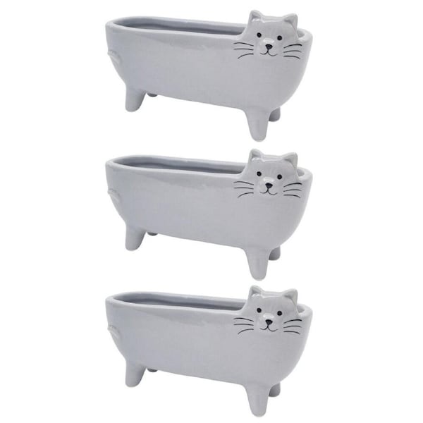 3PK Urban Long Cat Ceramic Plant Planter Flower/Plant Pot Home Decor 8x15cm Grey