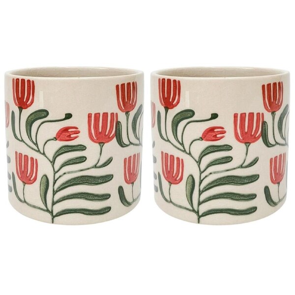 2PK Urban Pilbra Planter Flower Plant Pot Decor Small Stoneware 12cm Green/Red