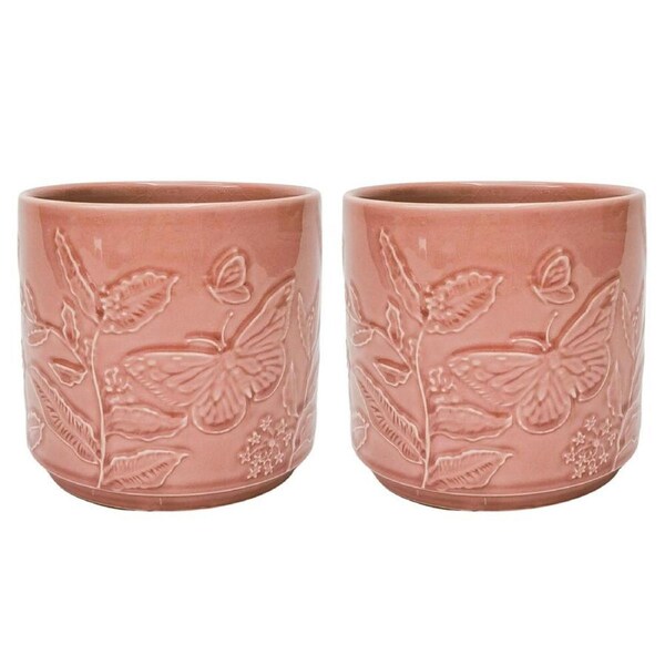2PK Urban Butterfly Stoneware Planter Flower Plant Pot Home Decor 12x14cm Pink