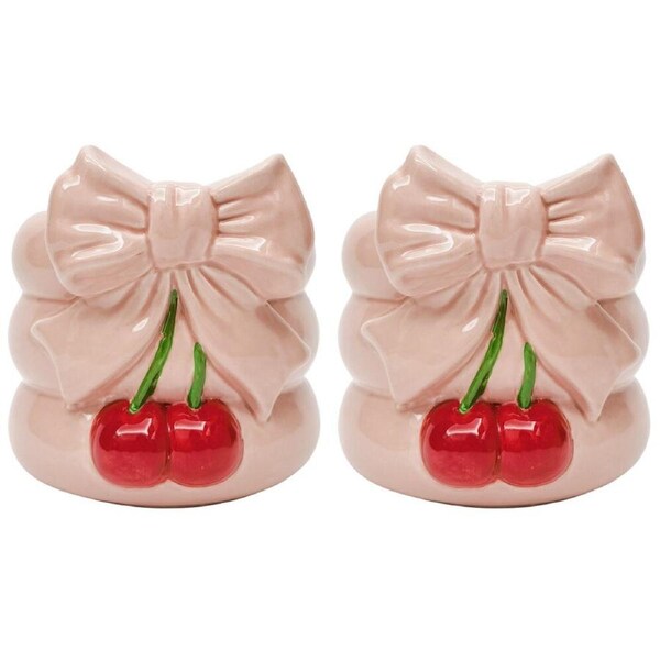 2PK Urban Cherry Bow Ceramic Planter Flower Plant Pot Home Decor 19cm Pink/Red