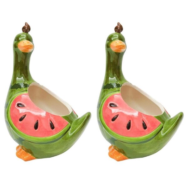 2PK Urban Watermelon Duck Ceramic Planter Flower Plant Pot 24x17cm Green/Red