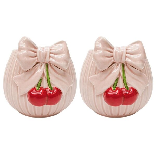2PK Urban Cherry Bow Ceramic Planter Flower Plant Pot Home Decor 16cm Pink/Red