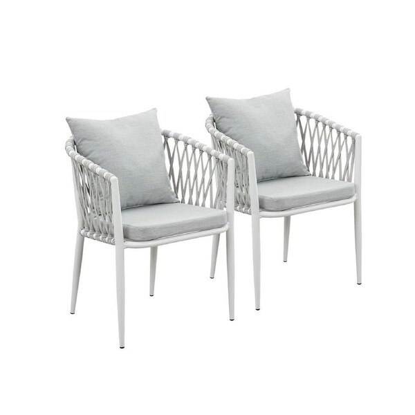 Mornington White Aluminium Outdoor Dining Chairs with Arms - Light Grey Cushion (Set of 2)
