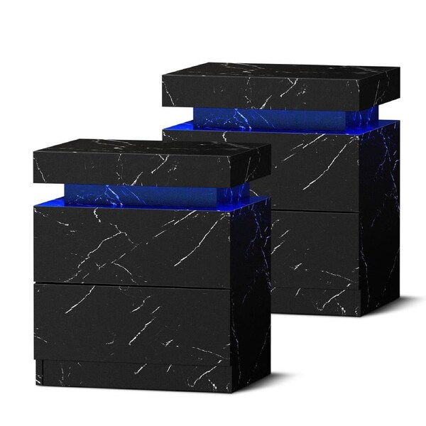 Oikiture 2x Bedside Table 2 Drawers LED Side Tables Nightstand Marble Effect Black