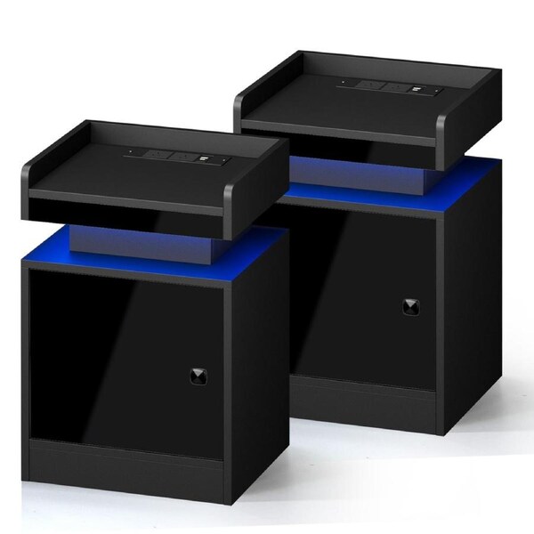 Oikiture 2x Bedside Table LED Nightstand USB Charging Station Side Table Black