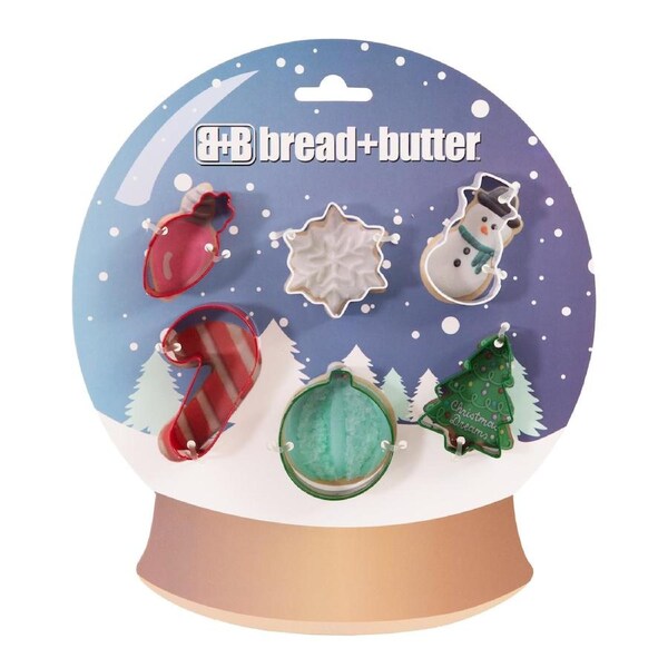 Bread and Butter Cookie Cutter Globe, Flake, SnowMan, Cane, Sock, Tree 6 Pack Multi