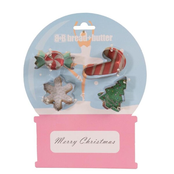 Bread and Butter Cookie Cutter Snowglobe, Card, Tree, Candy Cane 4 Pack Multi