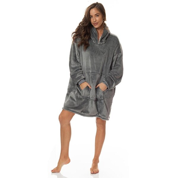 Royal Comfort Snug Hoodie Nightwear Super Soft Reversible Fleece 750GSM Grey