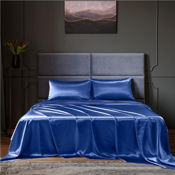 Royal Comfort Satin Sheet Set 4 Piece Fitted Flat Sheet Pillowcases Silky Smooth Navy Blue King