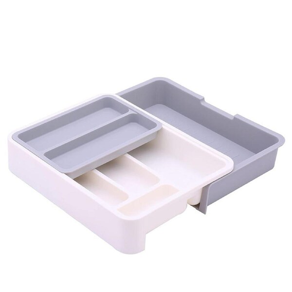 Catzon 3-in-1 Cutlery Tray Expandable Kitchen Drawer Organizer for Silverware-Grey