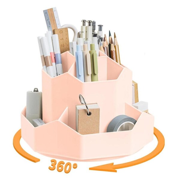 Catzon Pencil Pen Holder for Desk 9 Slots 360Degree Rotating Organizers for Office-Pink