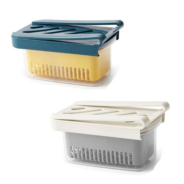 Catzon 2 Pcs Pull-Out Storage Box for Refrigerator with Draining Function-Blue Beige