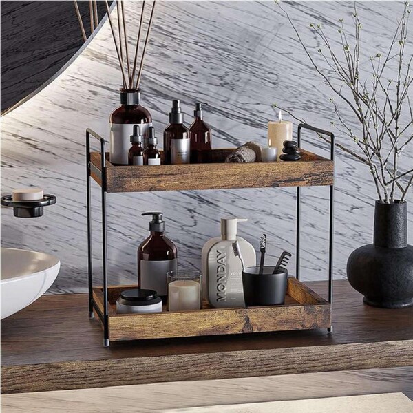 Catzon Bathroom Countertop Tray 2-Tier Wooden Vanity Organizer for Bedroom-Dark