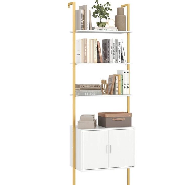 Costway 5-Tier Tall Bookshelf Wall Mount Ladder Bookcase w/Cabinet Open Storage Display Rack White