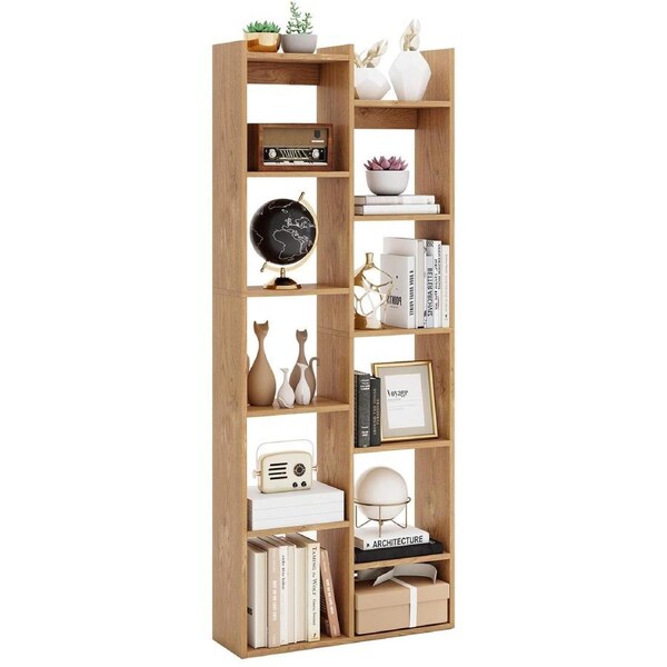 Costway 12-Tier Bookcase Wood Display Shelf w/Anti-Tipping Kits Tree-Shaped Storage Shelving Natural