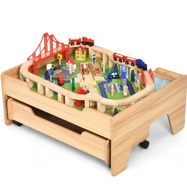 Costway Wooden Train Track Railway Set Table w/100 Multicolor Pieces Activity Table Natural