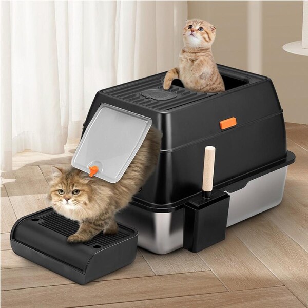 Petzly Stainless Steel Enclosed Extra Large Cat Litter Box Non Stick Leak-Proof