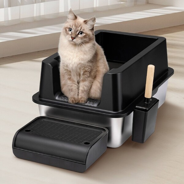 Petzly Stainless Steel Semi-Enclosed XXL Cat Litter Box Non Stick Leak-Proof