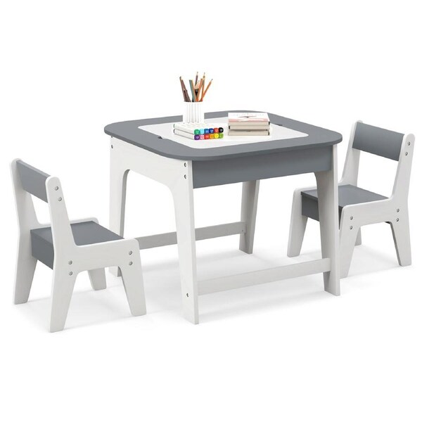 Babyjoy Table & Chairs Set Toddler Activity Table Set w/Double-sized Tabletop Fun Children Furniture Set Grey