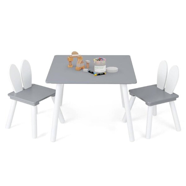 Babyjoy 3PCS Children Furniture Kids Table & Chairs Set w/Smooth Surface Square Table & 2 Bunny Chairs Grey