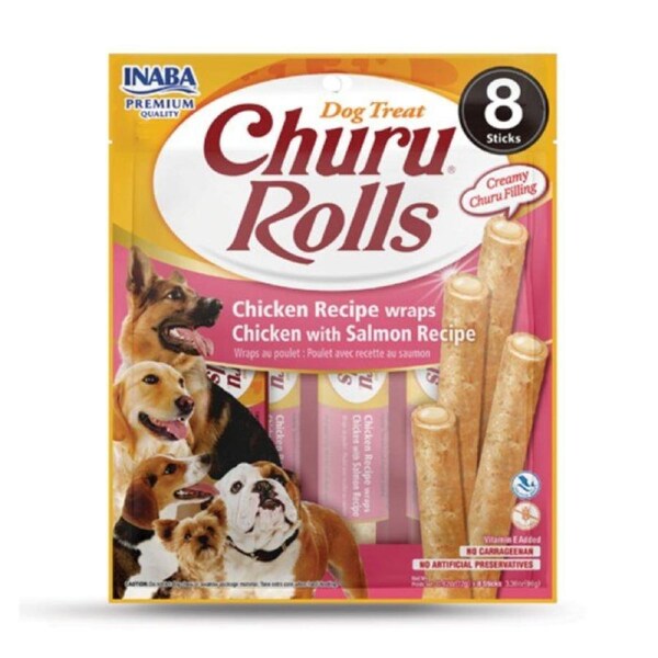 Inaba Dog Churu Rolls Snack Chicken & Salmon with Creamy Filling - 48 Rolls