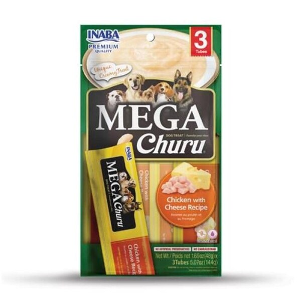 Inaba Dog MEGA Churu Meal Topper Treat - Creamy Chicken & Cheese Puree - 18 x 48g Tubes