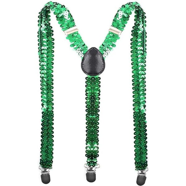 SEQUIN SUSPENDERS Unisex Adjustable Braces Clip On Elastic Y-Back - Green