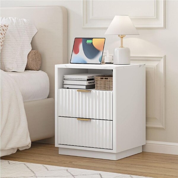 CLAYTON White Bedside Table with USB Charging Station for Bedroom Living Room Office