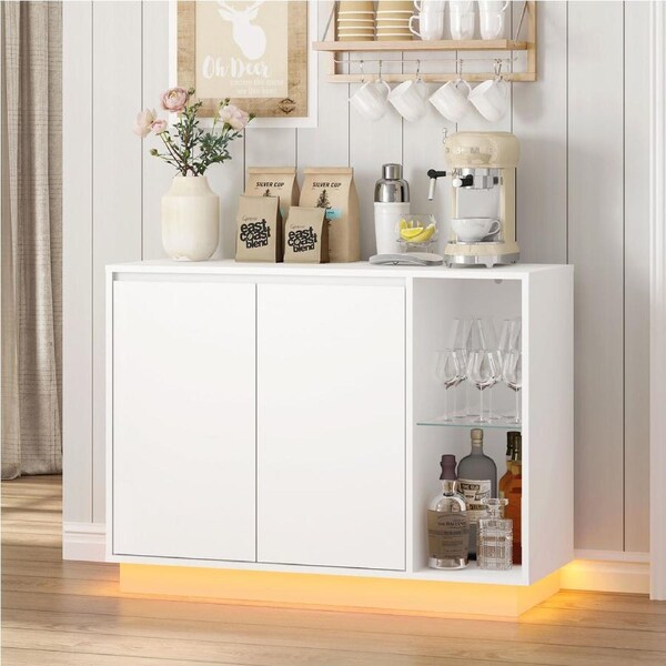CLAYTON White LED Sideboard Buffet Storage Cabinet Kitchen Storage Cupboard