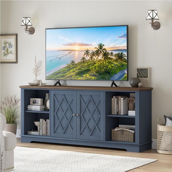 BROOK Navy Blue TV Entertainment Unit 2 Doors TV Unit Open Shelves Blending Style and Functionality