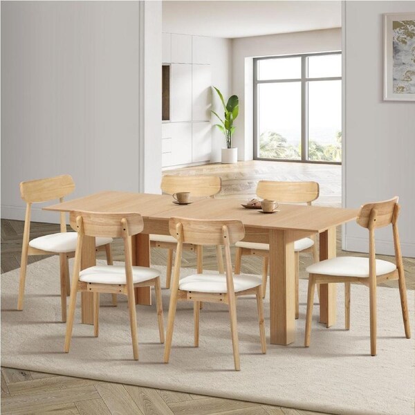 Oikiture 200cm Extendable Dining Table with 6x Dining Chairs PU Leather Natural