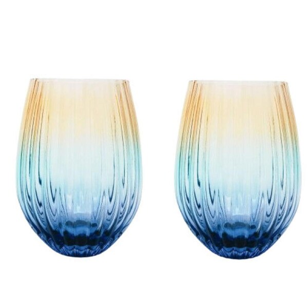 2pc Urban Ellie Ombre Stemless Glass Drink Cup Drinkware Set Amber/Blue 12cm