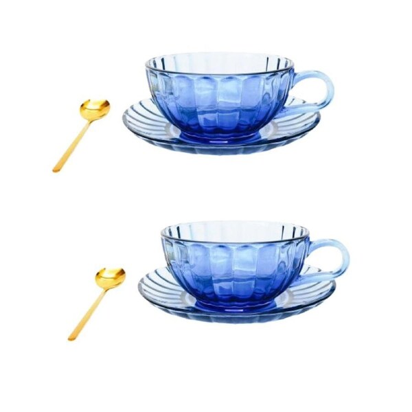 2PK Urban Maisy Glass Tea Cup/Saucer & Spoon Coffee Cup Set Drinkware Blue 14cm