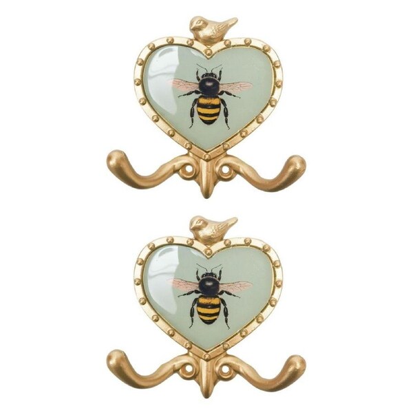 2x Urban Bee Wall Metal Hook Home Decorative Key/Coat Hanger Sage/Gold 12cm