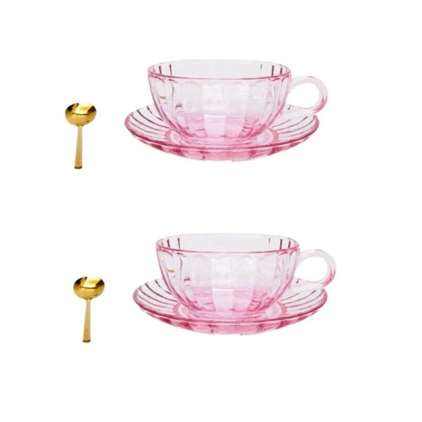 2PK Urban Maisy Glass Tea Cup/Saucer & Spoon Coffee Cup Set Drinkware Pink 14cm