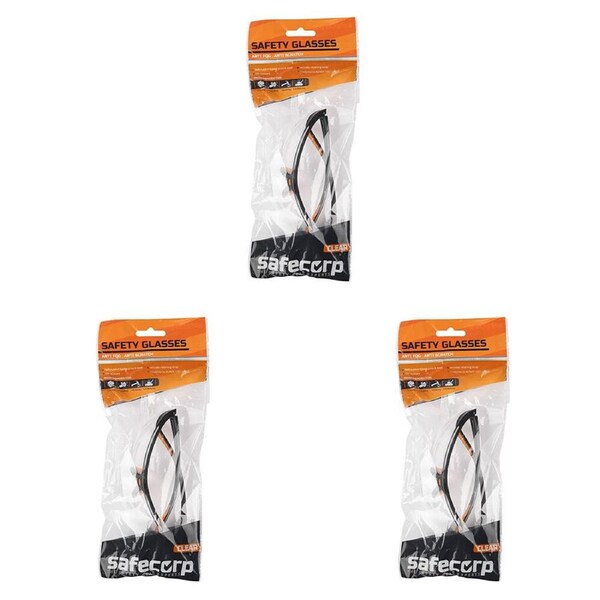 3PK Safecorp Clear PPE Safety Specs Glasses Anti Fog Anti Scratch Black/Orange