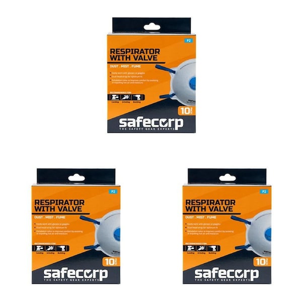 3x 10pc Safecorp P2 Disposable Respirator Mask With Valve Dust/Mist/Fumes