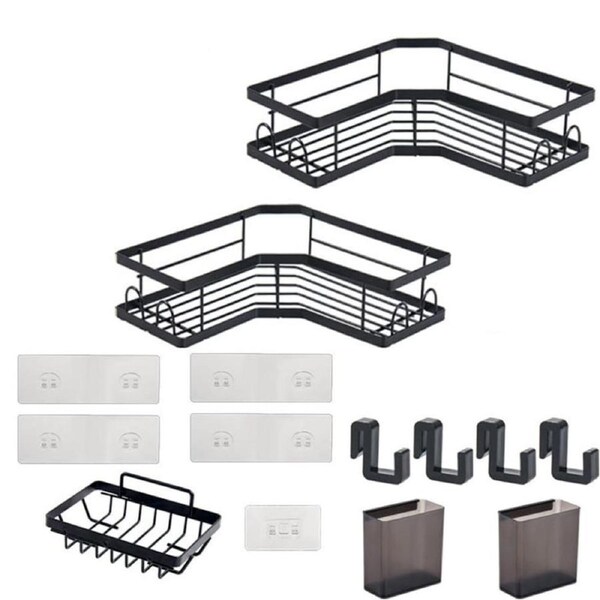 Catzon 3 Pcs Corner Shower Caddy Adhesive with Hooks for Bathroom-Black-L