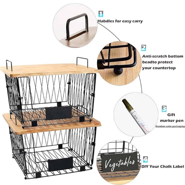 Catzon Stackable Wire Storage Baskets with Wood Lid for Fruit Vegetable
