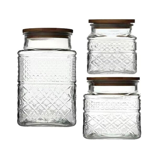 Catzon 3 Pcs Glass Storage Jars with Bamboo Lid for Cereal Coffee Tea-Square