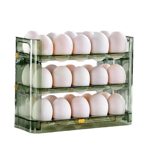 Catzon 3-Tiers Egg Holder For Fridge with Movable Time Marker Holds 30 Eggs-Green