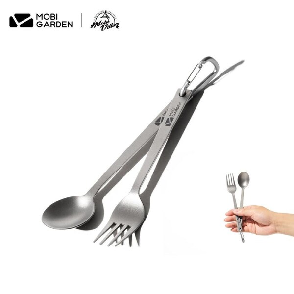 Mobi Garden Pure Titanium Camping Cutlery Set - Portable Foldable Spoon & Fork for Outdoor Picnics, Compact Travel Utensils