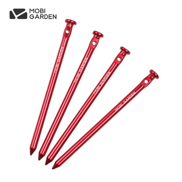Mobi Garden Heavy Duty Aluminum Tent Pegs - Windproof Ground Stakes for Camping Tents, Tarps & Awnings - High-Vis Red