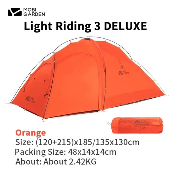 MOBI GARDEN Qingqi 3 DELUX Camping Tent Trekking Ultralight 2.4KG 3 Person 2 Layers Backpacking Hiking Travel Folding Portable - ORANGE