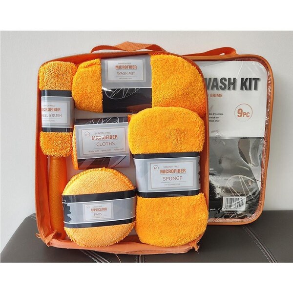 Sunwhale 9pcs Car Wash Cleaning Kit - Professional Auto Detailing Set with Microfiber Towels, Wash Mitt, Waxing Sponges & Wheel Brush - Orange