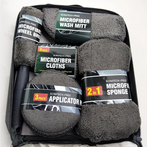 Sunwhale 9pcs Car Wash Cleaning Kit - Professional Auto Detailing Set with Microfiber Towels, Wash Mitt, Waxing Sponges & Wheel Brush - Grey